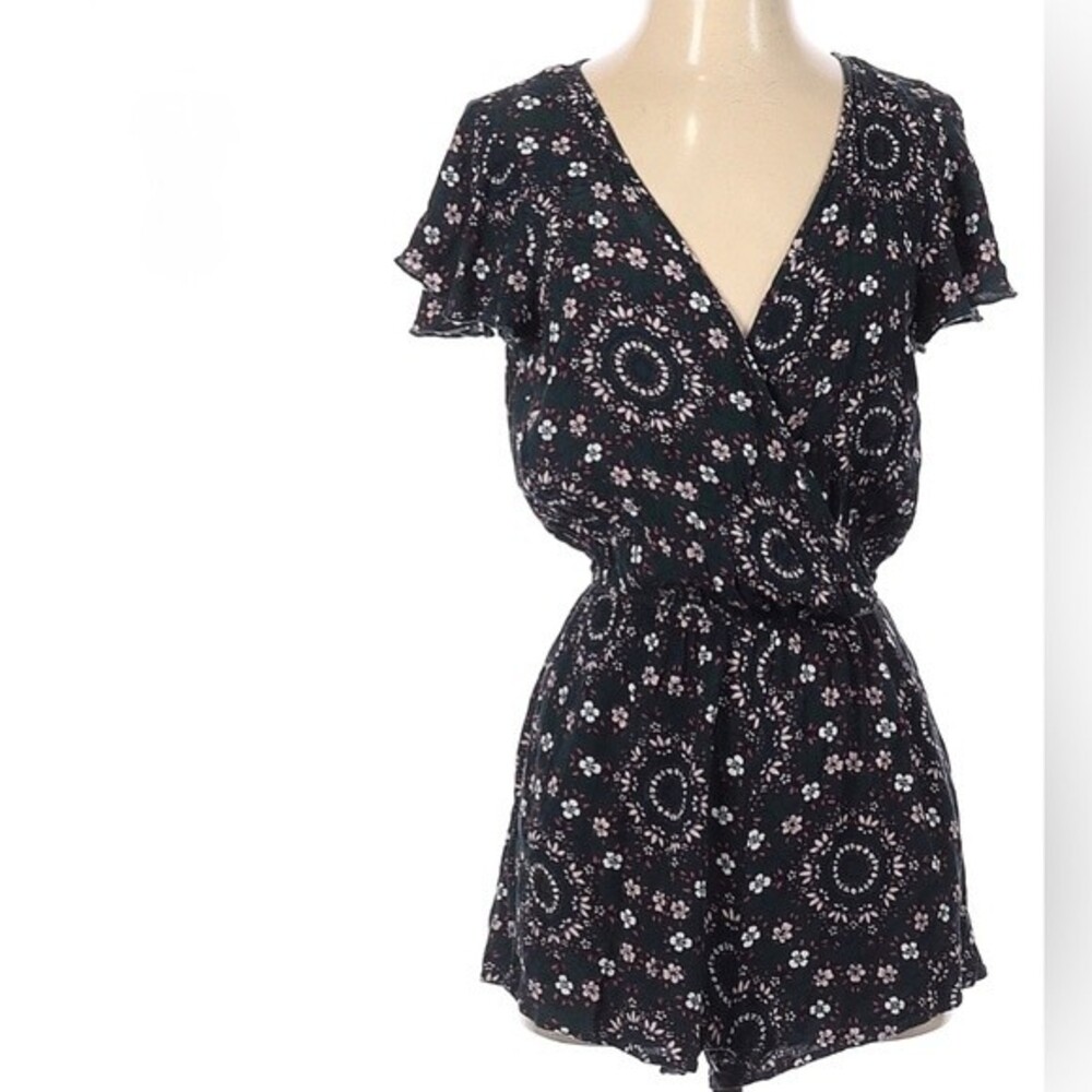 Dark green and pink floral print romper with pockets size small